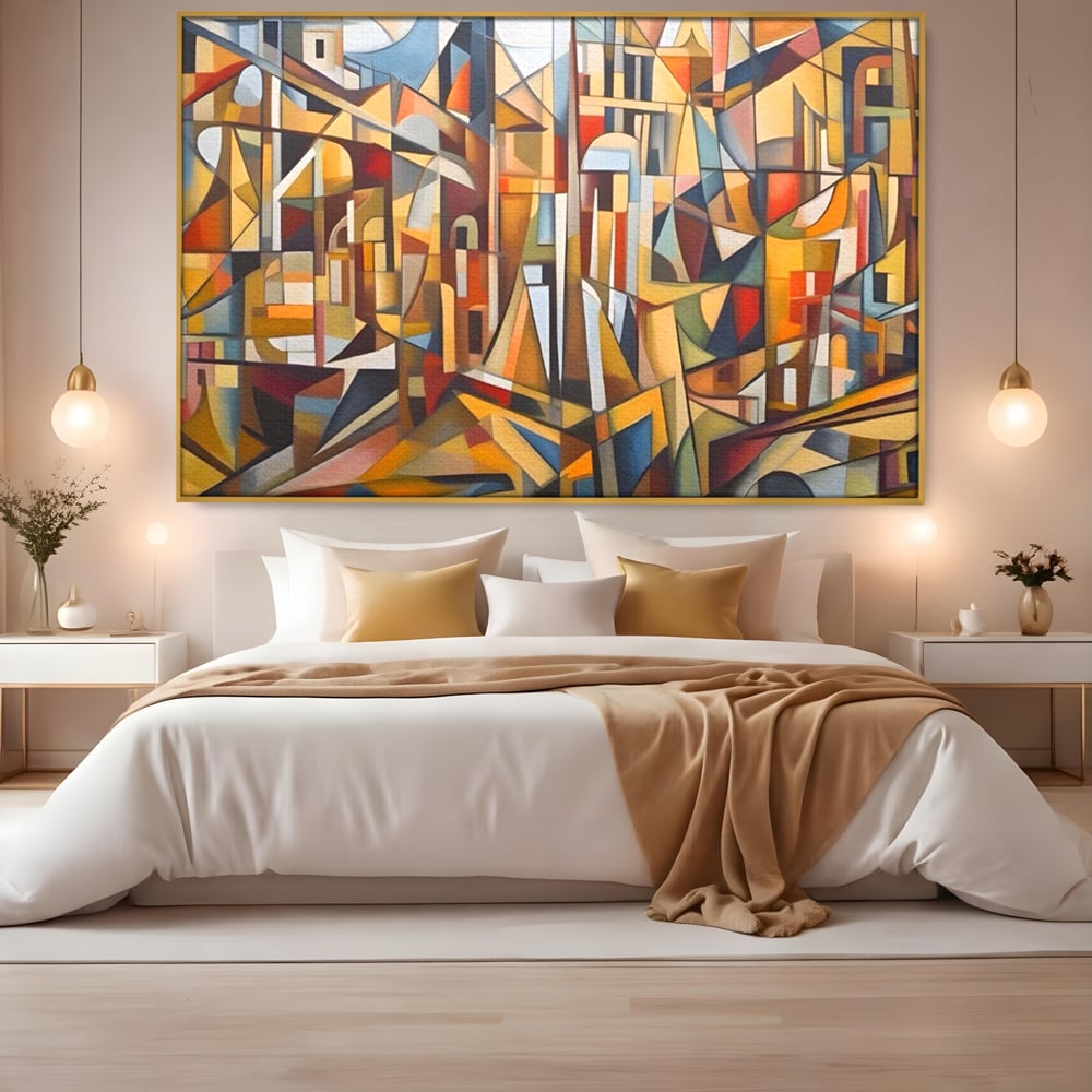 Tablou canvas cu tablou abstract cu peisaj urban, in rama de aluminiu auriu, pe perete intr-un dormitor